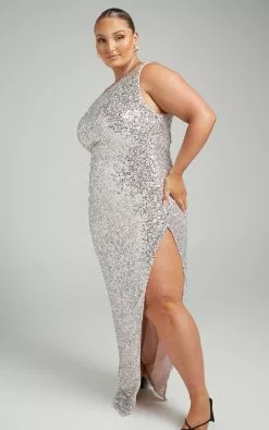 Showpo Jowellen High Split One Shoulder Maxi Dress In Multi Sequin -Showpo Shop RILEY X SBMB X ANTHONY 07.12.2161663