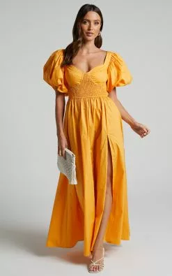 Showpo Raiza Maxi Dress - Shirred Waist Puff Sleeve Dress In MARIGOLD -Showpo Shop Raiza Midi Dress Shirred Waist Puff Sleeve Dress in MARIGOLD