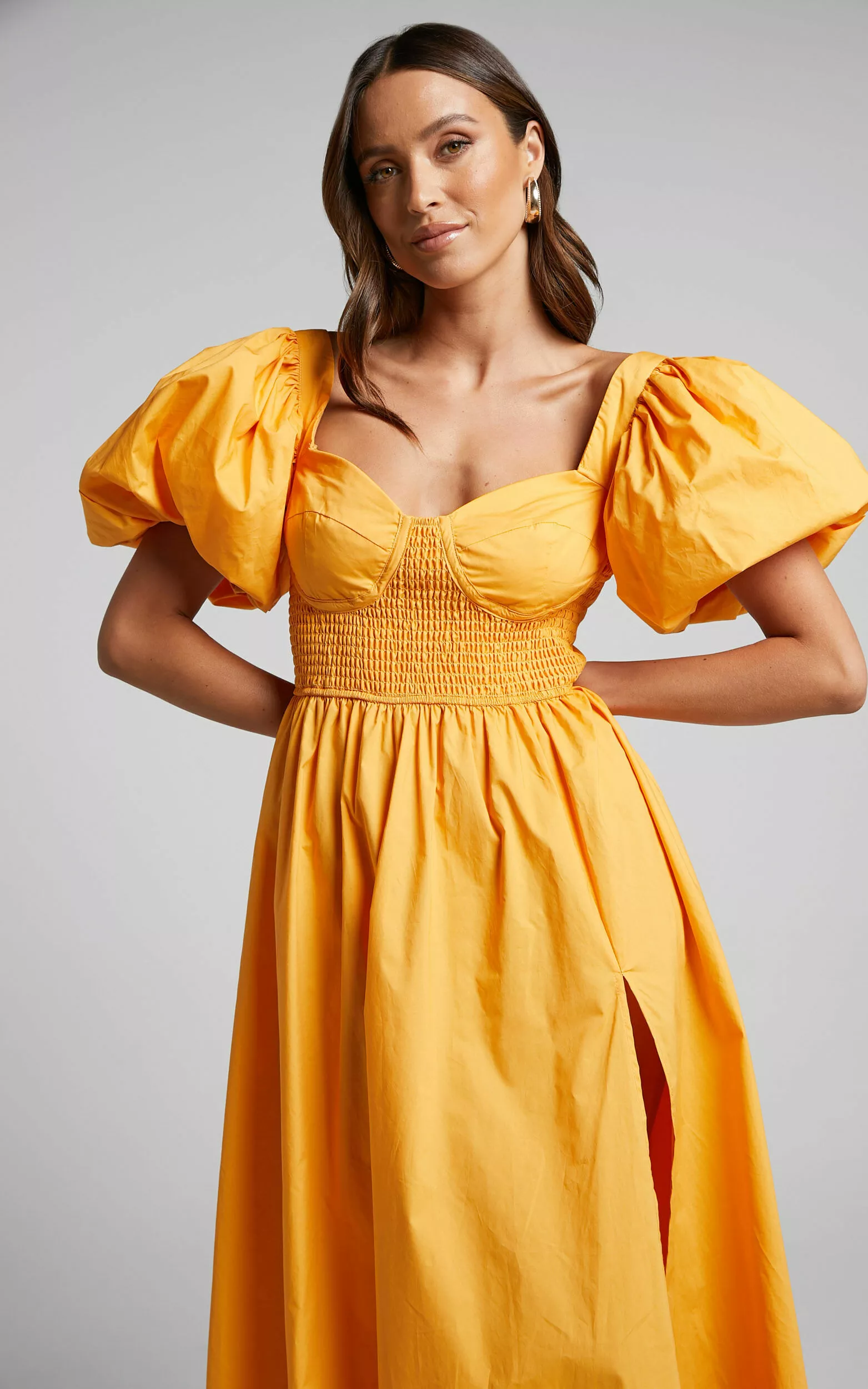 Showpo Raiza Maxi Dress - Shirred Waist Puff Sleeve Dress In MARIGOLD - Image 4