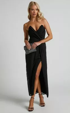 Showpo Raquella Maxi Dress - Twist Front Thigh Split Strapless Dress In Black -Showpo Shop Raquella Maxi Dress Twist Front Thigh Split Strapless Dress in Black 1