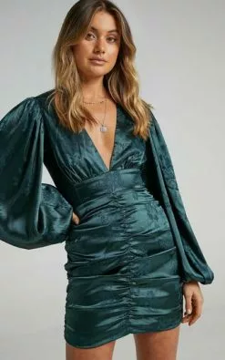 Showpo Richmond Long Sleeve Ruched Mini Dress In Emerald