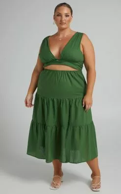 Showpo Spencer V Neck Cut Out Tiered Midi Dress In Green -Showpo Shop Riley x Lucy x Anthony 10.11.2135639