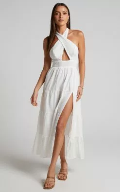 Showpo Roella Midi Dress - Tiered Halter Dress In White -Showpo Shop Roella Tiered Halter Maxi Dress in White 2528SD22090027012529 1 1