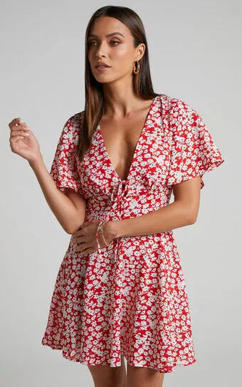 Showpo Rosario Mini Dress - Flutter Sleeve V Neck Dress In Red Ditsy Floral