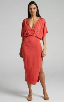 Showpo Sunshine Plunge Neck Midi Dress In Burnt Orange