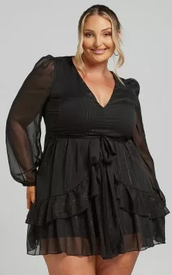 Showpo Eyes That Know Me Long Sleeve Ruffle Mini Dress In Black -Showpo Shop September 10 21 ShowPo0380