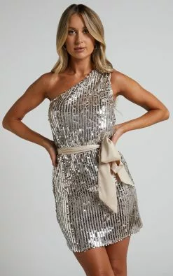 Showpo Shellanie One Shoulder Mini Dress In Silver And Gold Sequin -Showpo Shop Shellanie One Shoulder Mini Dress in Silver and Gold 2
