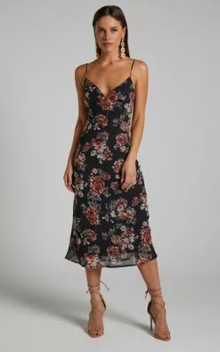 Showpo Stanley V Neck Slip Maxi Dress In Noir Floral