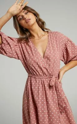 Showpo Shop -Showpo Shop Steffany Wrap Style Mini Dress in Dusty Pink Spot 2528SD21100154012529 9 1