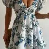 Showpo Alezia Mini Dress - Deep V Neck Puff Sleeve Dress In Brush Stroke Floral -Showpo Shop Styledivulge aleziaminidressinbrushstrokefloral