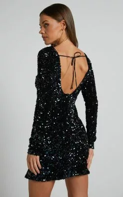 Showpo Tracy Fitted Long Sleeve Backless Mini Dress In Black -Showpo Shop Tracy Fitted Long Sleeve Backless Mini Dress in Black 9