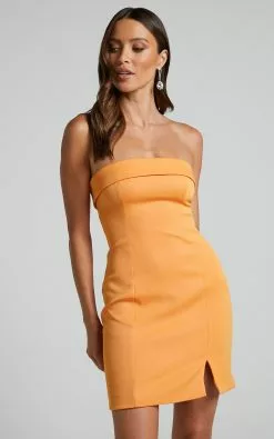 Showpo Tricia Mini Dress - Strapless Foldover Neckline Dress In Mango -Showpo Shop Tricia Strapless Mini Dress in Mango 1 1