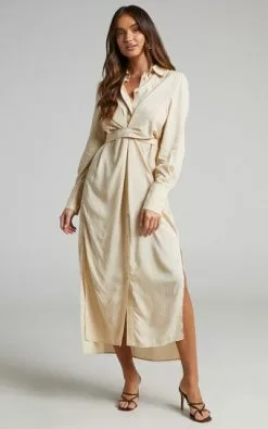 Showpo Trinidad Twist Front Button Through Maxi Dress In Sand