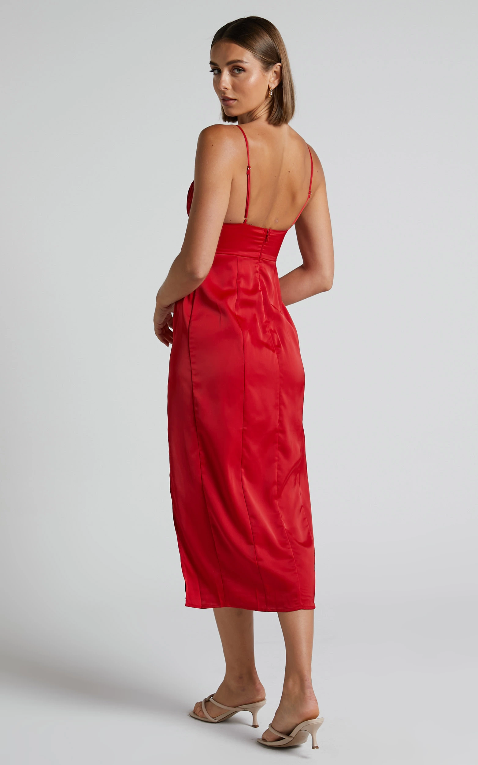 Showpo Wallace Midi Dress - Ruched Bust Thigh Split Dress In Red - Image 6