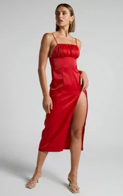 Showpo Wallace Midi Dress - Ruched Bust Thigh Split Dress In Red