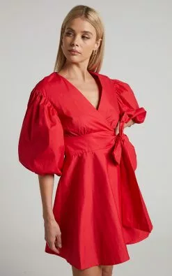 Showpo Zyla Puff Sleeve Wrap Mini Dress In Red -Showpo Shop Zyla Puff Sleeve Wrap Mini Dress in Red 2528SD21050032082529 6