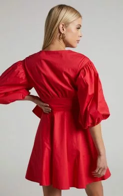 Showpo Zyla Puff Sleeve Wrap Mini Dress In Red -Showpo Shop Zyla Puff Sleeve Wrap Mini Dress in Red 2528SD21050032082529 7