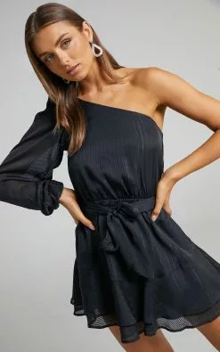 Showpo Zyra One Shoulder Long Sleeve Tiered Hem Mini Dress In Black -Showpo Shop Zyra one shoulder mini dress in Black 2528SD22030065012529 4 1