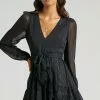 Showpo Eyes That Know Me Long Sleeve Ruffle Mini Dress In Black